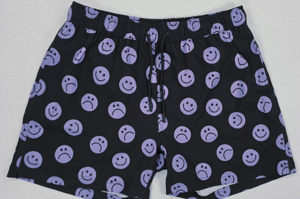 Forever 21 Mens XL Smiley Face Swim Trunks Black Purple Y2K Festival Beach